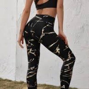 J13   Gorgeous rare Gold, black n gray leggings Italian fabric 16% spandex
